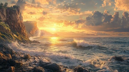 Serene Sunset Over Coastal Cliffs with Gentle Ocean Waves