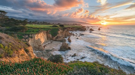 Naklejka premium Beautiful Sunset Over Coastal Cliffs with Colorful Tulips in Foreground