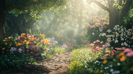 Obraz premium Vibrant Floral Pathway Through Lush Green Forest in Springtime