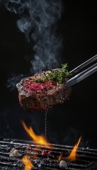 Surreal image of a juicy steak on a grill with flames and tongs against a black background