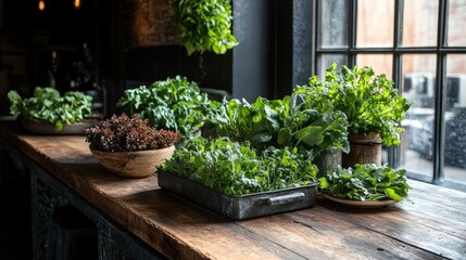 A Rustic Kitchen Windowsill: Fresh Herbs and Greens