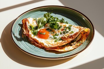 Delicious herb-filled omelette presentation home kitchen food photography soft light environment above viewpoint culinary art