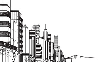 Obraz premium City landscape. Line urban backdrop. Different buildings on street, outline cityscape hand sketch, flat houses. Hand drawn vector illustration