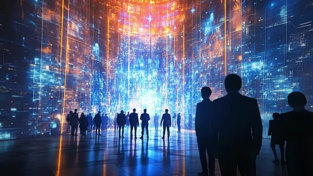 Imposing holographic gates of a wealthy enclave partially transparent with silhouettes of hopeful individuals pressed against them embodying aspiration and barriers.