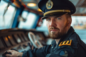 Obraz premium Generative AI image of confident ship captain aboard cruise liner, showcasing marine travel themes
