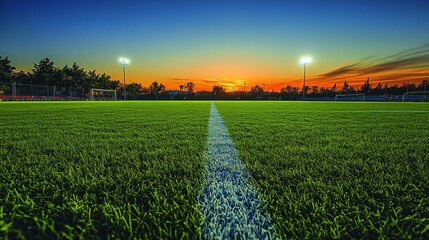 Sunset soccer field, lines, lights, trees, dusk, sport