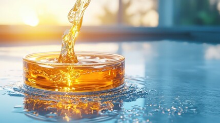 Syrupy essence pours from dessert warm evening light close-up photography enhanced allure kitchen setting culinary concept
