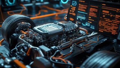 Futuristic car engine display  realistic image of open engine with data panels on digital screen