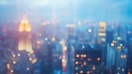 Fototapeta premium Abstract urban expanse view through refractive glass facade at twilight