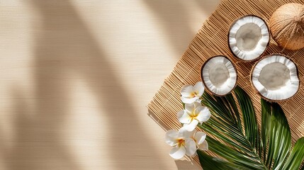 Fototapeta premium A table with a white background and a few coconuts and flowers