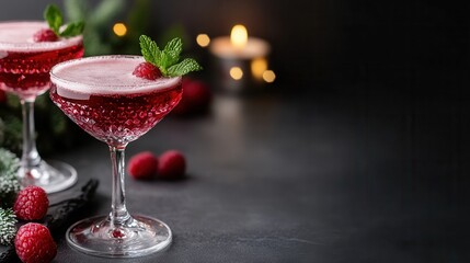 A Valentine's Day cocktail bar setup: red and pink cocktails in elegant glasses, garnished with raspberries and mint, with candles and fairy lights in the background.