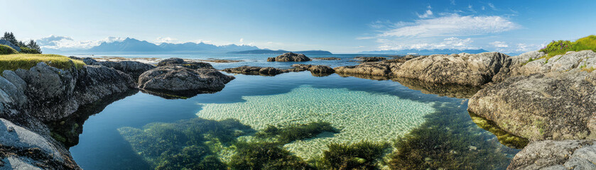 Fototapeta premium Small tidal pool with clear water reflecting bright skies and rocky shoreline