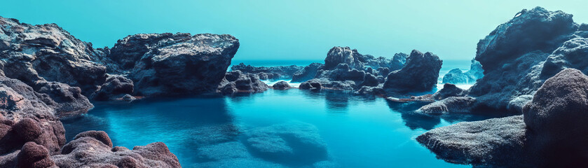 Vivid tidal pool with glowing rock outlines under bright sky