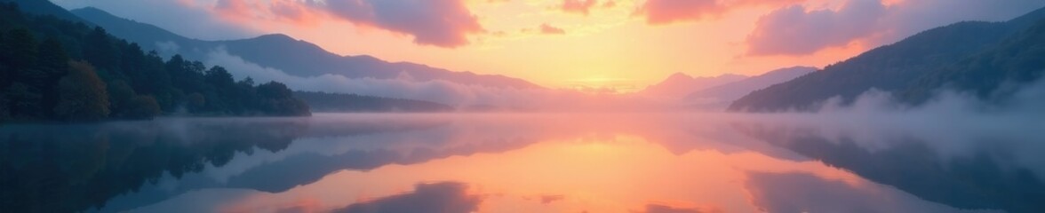 Fototapeta premium Misty dawn breaks over a quiet lake with gentle clouds, landscape, water, peaceful