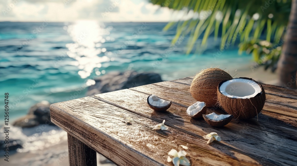 Poster a table with a few pieces of coconut on it, with the ocean in the background