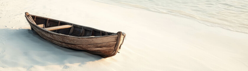 Obraz premium Small wooden boat resting on a serene white sand beach under a bright sky