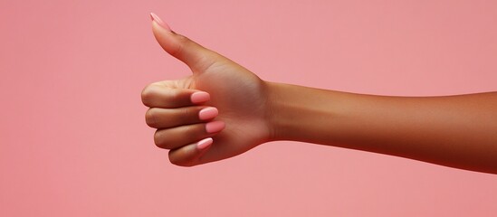 A close-up of a hand with pink nails giving a thumbs up against a soft pink background