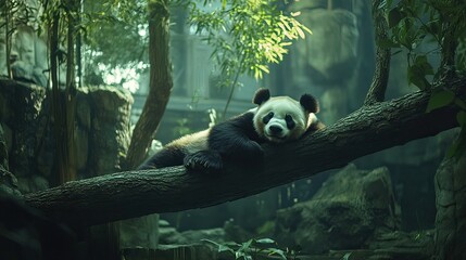 Obraz premium Panda resting on branch, zoo enclosure, lush greenery