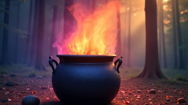  Magical cauldron with flames in a mystical forest setting