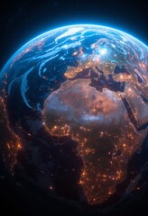 Planet Earth from space with glowing oceans and continents, surrounded by intricate digital patterns Generative AI