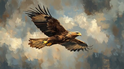 Majestic eagle soaring, cloudy sky, freedom, artwork