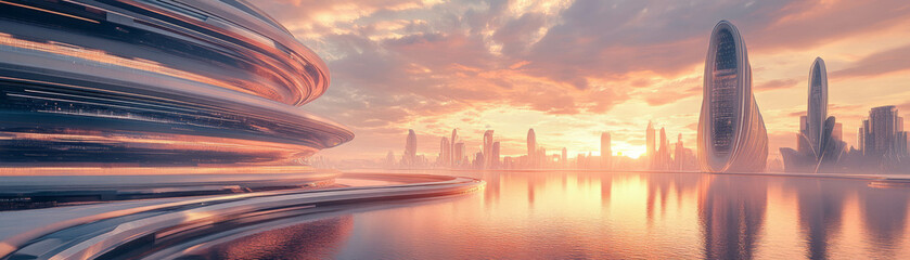 Obraz premium Sunset reflections on water with futuristic curved buildings and vibrant colors
