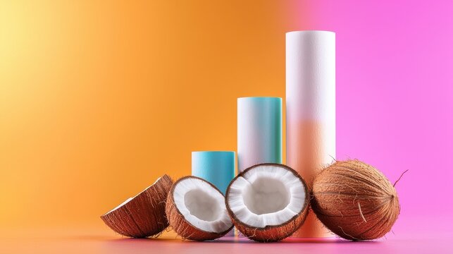 A close up of a coconut with a few other coconuts and a few plastic tubes