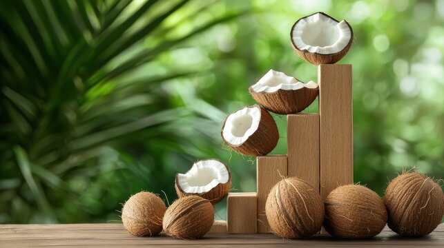 A pile of coconuts on a wooden platform