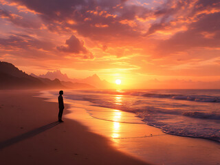 Fototapeta premium Beach sunset with vibrant colors, silhouette of a person standing on the shore, reflecting sunlight on the water.