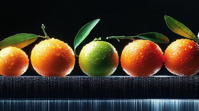 A row of oranges and limes with water droplets on them