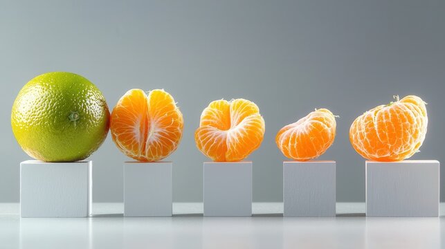 A row of oranges and a lime, with the oranges being cut in half