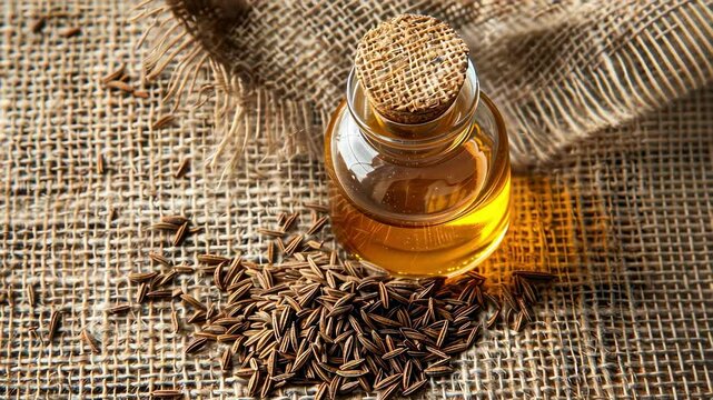 cumin essential oil on the background of burlap top view