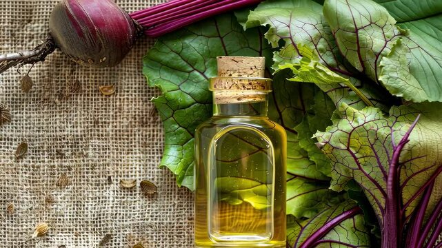 sugar beet essential oil on the background of burlap top view