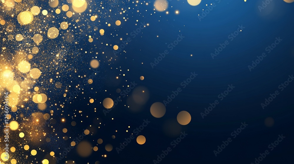 Poster elegant dark blue background with shimmering gold particle effects