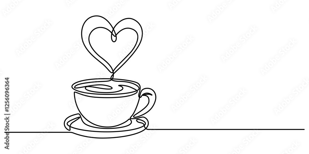 Poster one continuous drawing of cup coffee with heart symbol. hot drink and mug of tea with love for web b