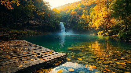 Autumn waterfall, tranquil pool, forest, dock, sunrise