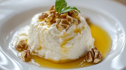 Creamy dessert with honey, walnuts, and mint leaf on a plate