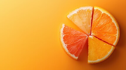 A slice of orange is cut into four pieces and placed on a yellow background
