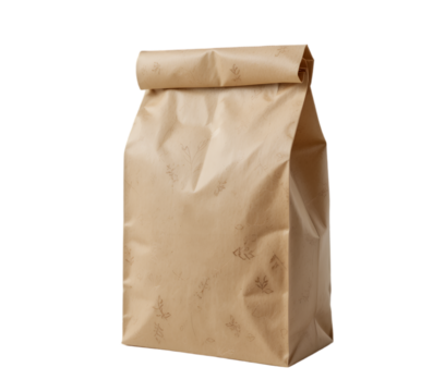 A brown paper lunch bag with folded top isolated on transparent background, png