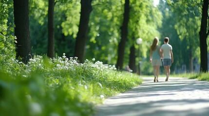 Fototapeta premium Couple strolling park path, summer sunlight, trees, green grass.
