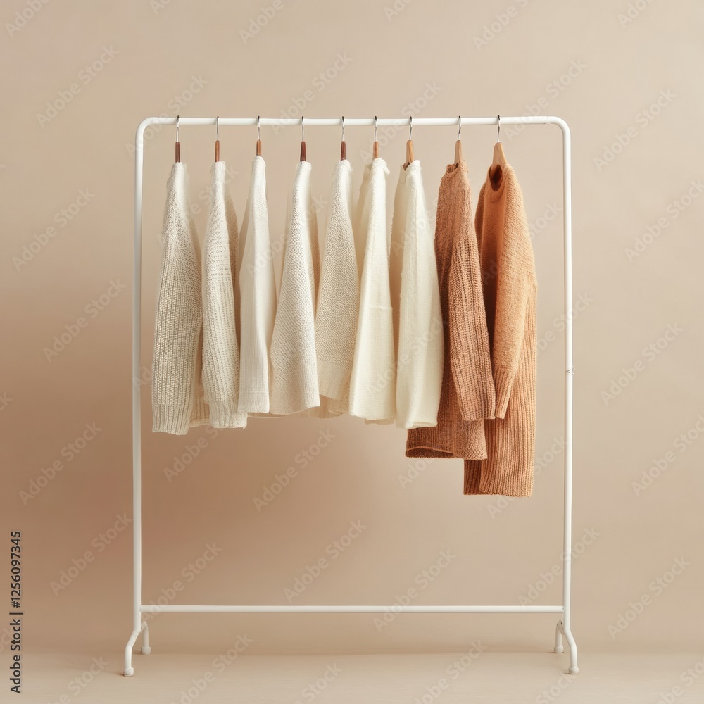 Poster Minimalist clothing rack displaying neatly arranged garments in soft hues for a stylish, serene look in a modern space. Generative AI
