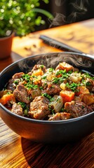 Savoring a warm bowl of hearty stew on a rustic table soft light illuminating steam close-up photography cozy atmosphere culinary delight