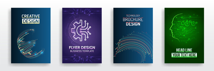 Modern technology design for posters. Futuristic background for flyer, brochure. Scientific cover template for presentation, banner. Page layout set for sci-fi. Set of high-tech covers for marketing.