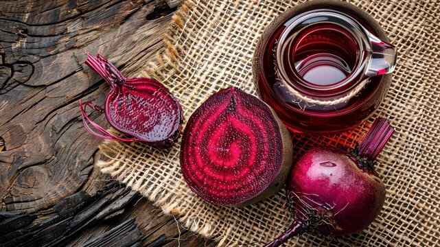 essential oil of red beet on the background of burlap top view