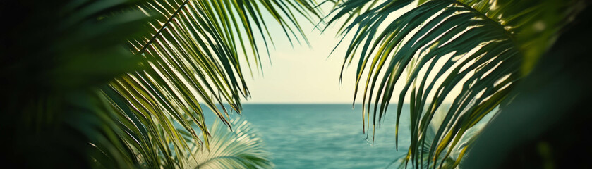Obraz premium Bright ocean view framed by palm leaves under dappled sunlight