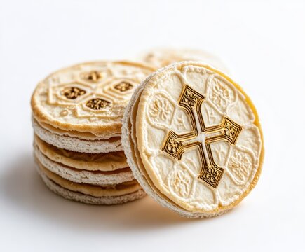 Eucharistic bread wafers, decorated with cross symbols, symbolize the body of Christ and hold deep significance during Maundy Thursday and Good Friday celebrations