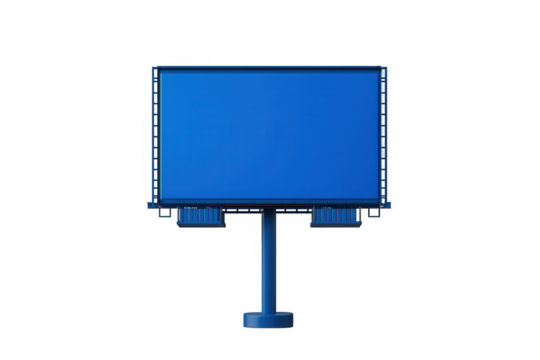 Large blank blue billboard with a sturdy base and support structure located in an urban environment ready for advertising opportunities against a simple white background
