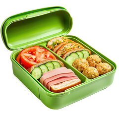 Top view of sandwich and vegetables in a lunch box on white background