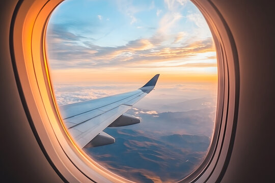 landscape of a mountain range as seen from an airplane window. bright sun. travel by plane. top view. beautiful sunrise over the mountains