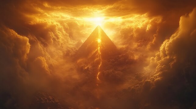 The mysterious pyramid in the golden sea of clouds